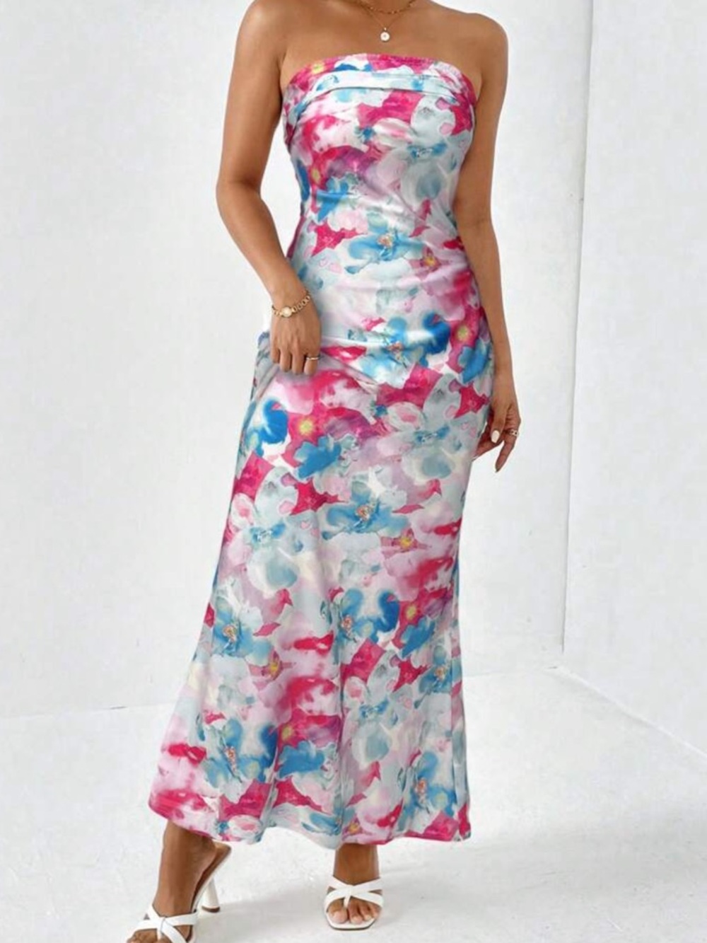 Strapless Pink & Blue Floral Silk / Satin Maxi Dress